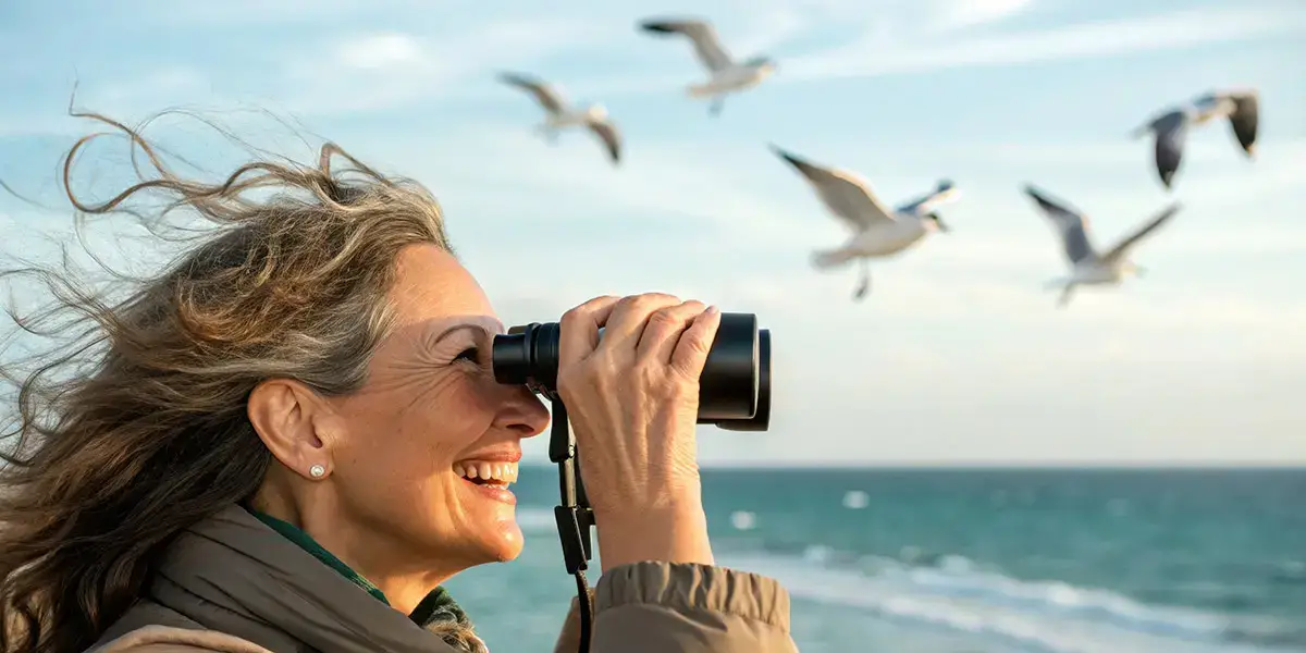 A smiling woman birdwatching looking out to the sea through a pair of binoculars, the wind is blowing her hair and there are fliying birds in the background.