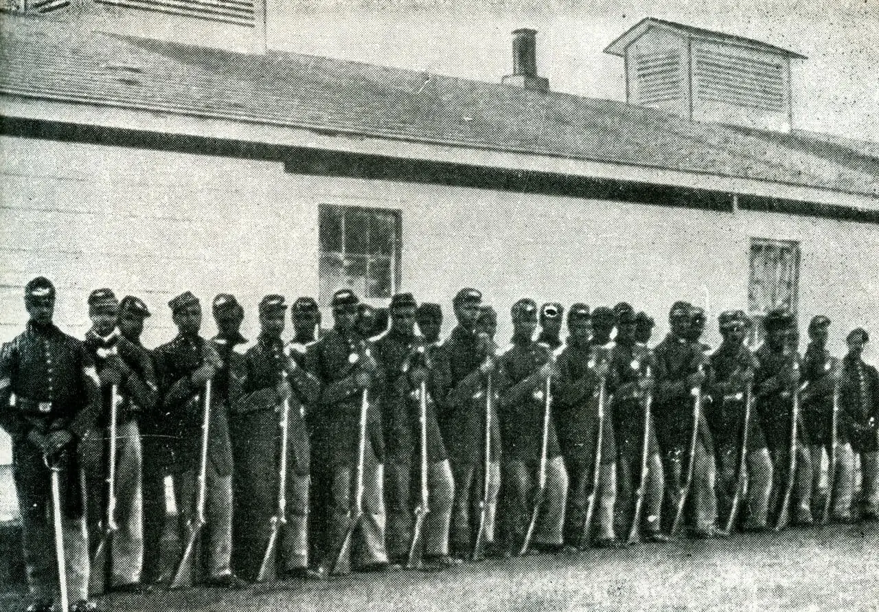 Old photo of a group of Black soldiers in Union army from the American Civil War