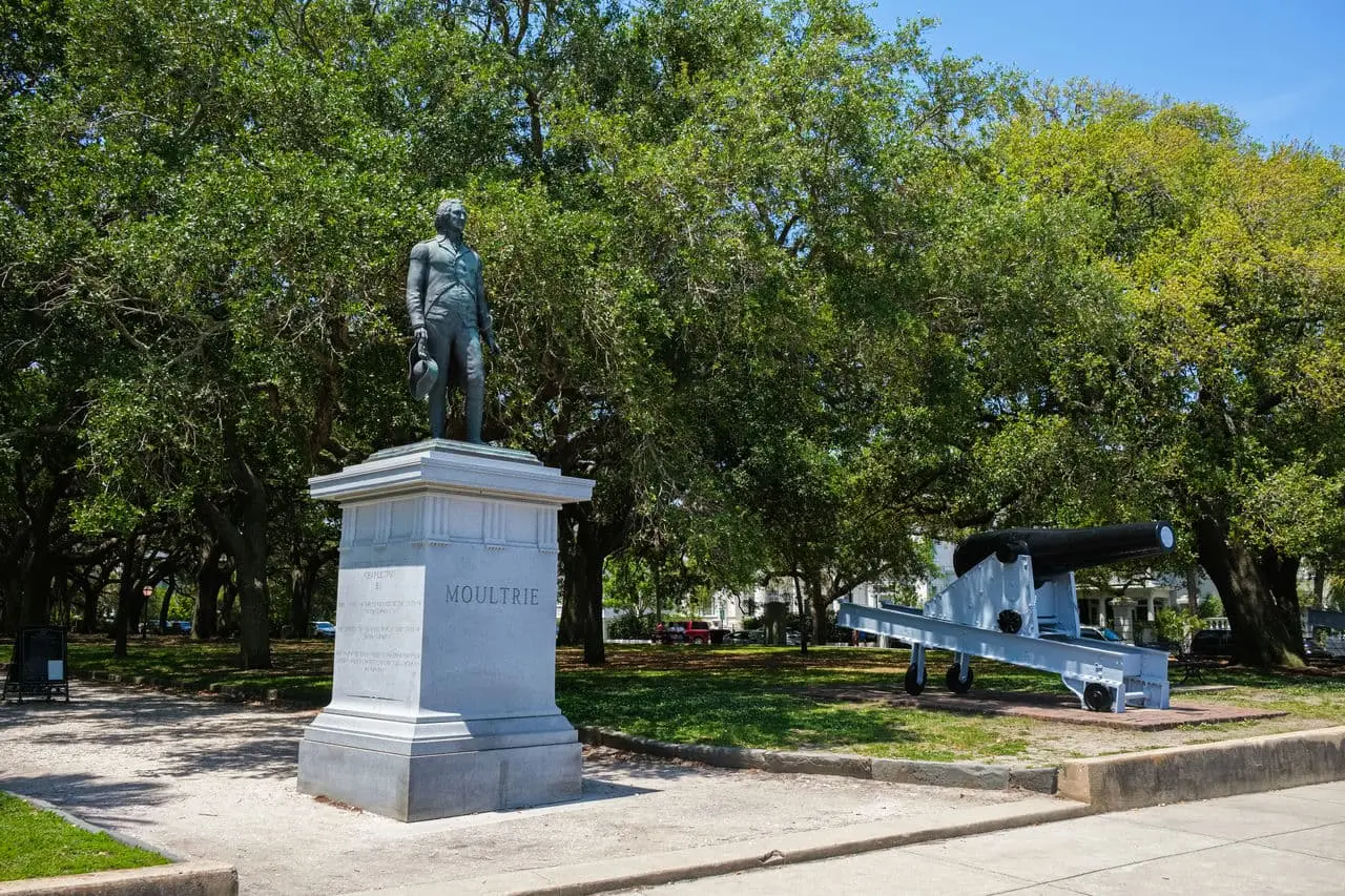 Monument of General William Moultrie of the American revolutionary war located in the White Point Garden in Charleston, South Carolina