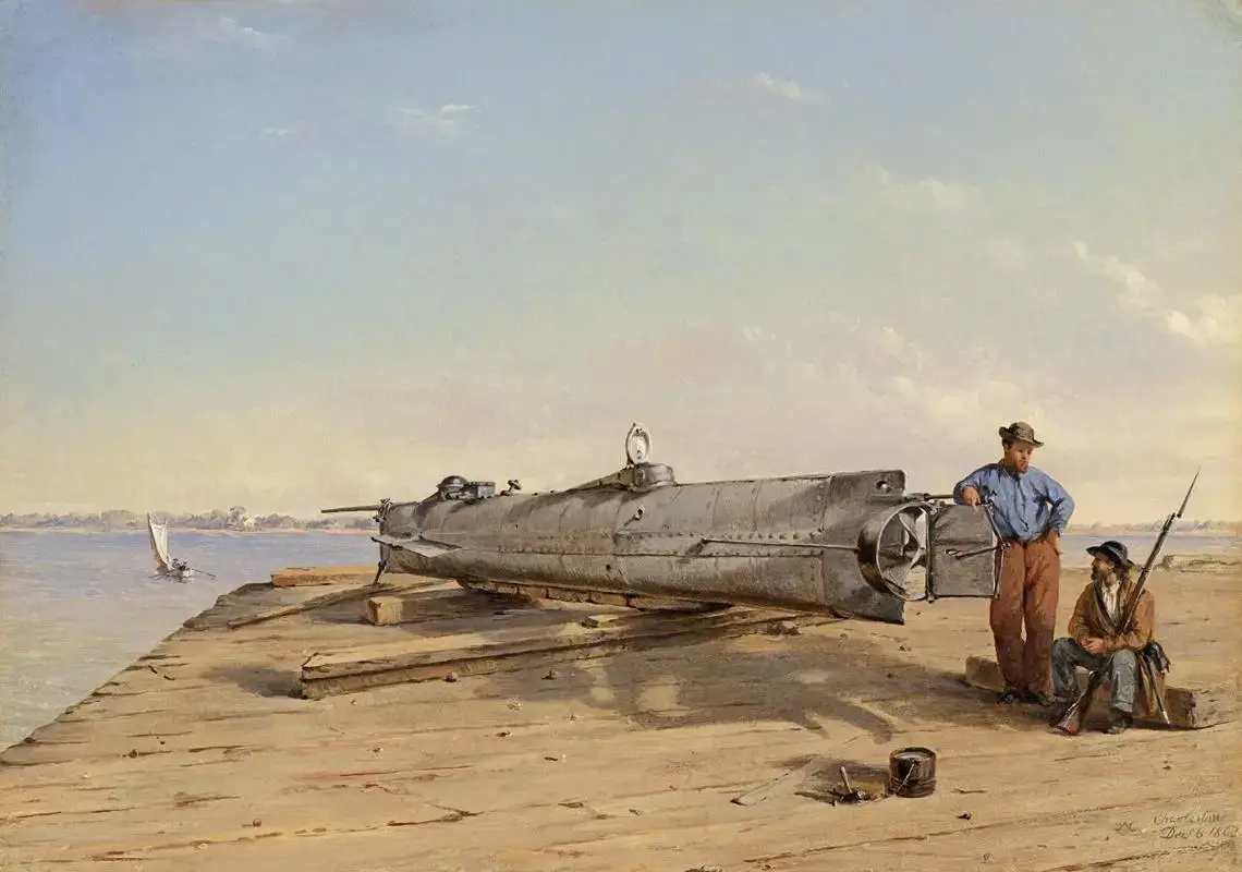 painting by conrad wise chapman of two men next to a salvaged torpedo