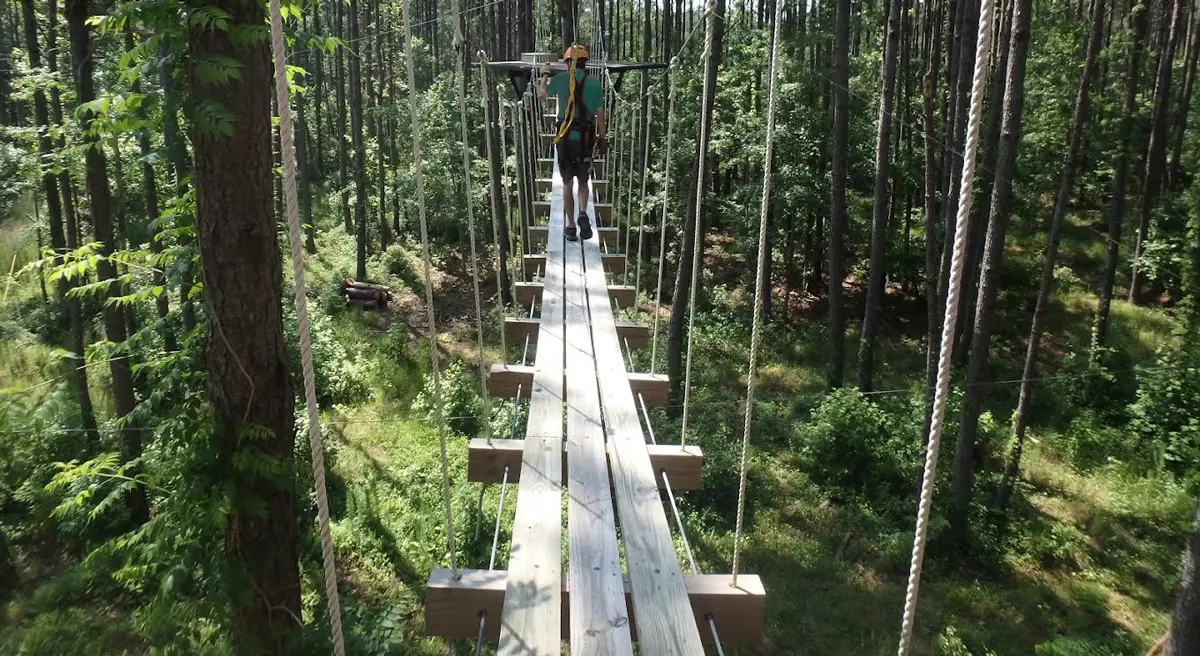 A person crossing a hanging rope bridge in the middle of the forest.