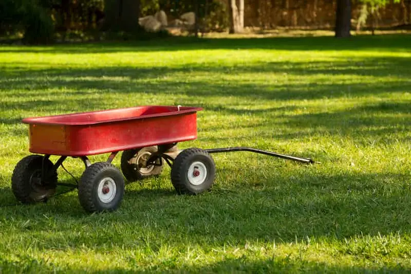 toy red wagon on a lawn