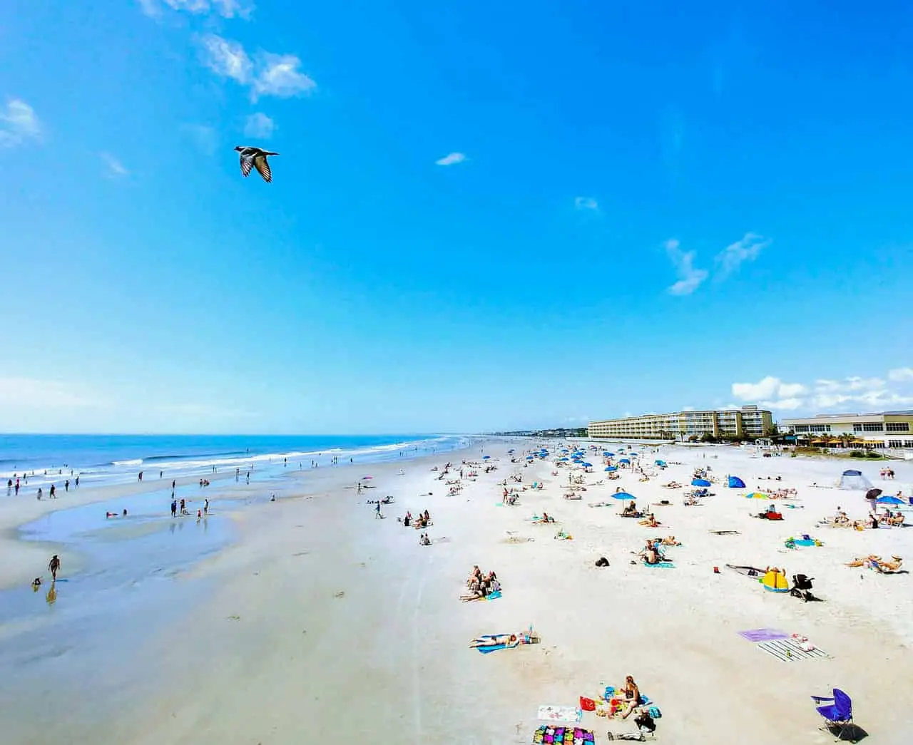 Folly beach full of tourists in a summer day
